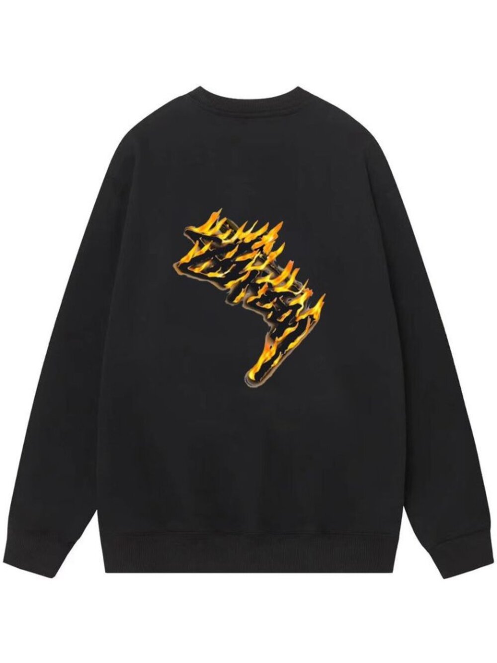 Stussy Black Crewneck Sweatshirt Flame Logo Back Graphic Print